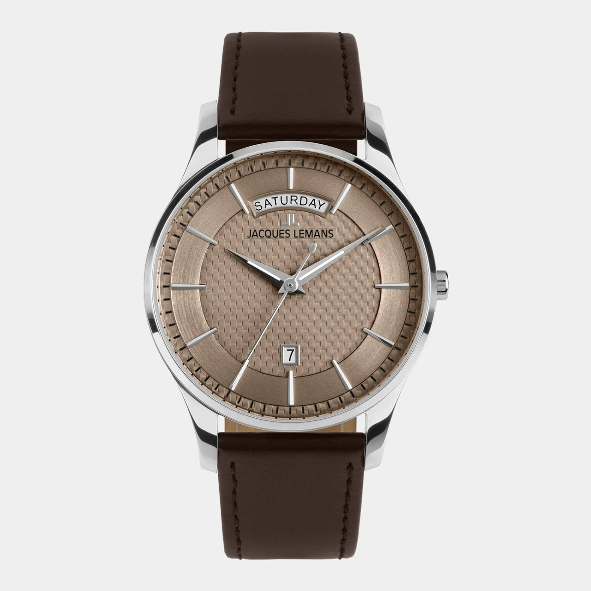 Frontale Ansicht der Jacques Lemans 1-2193K Derby Armbanduhr mit Tages und Datumsanzeige, welche farblich abgestimmt ist durch ein bronzefarbenes Zifferblatt und ein braunes Lederband