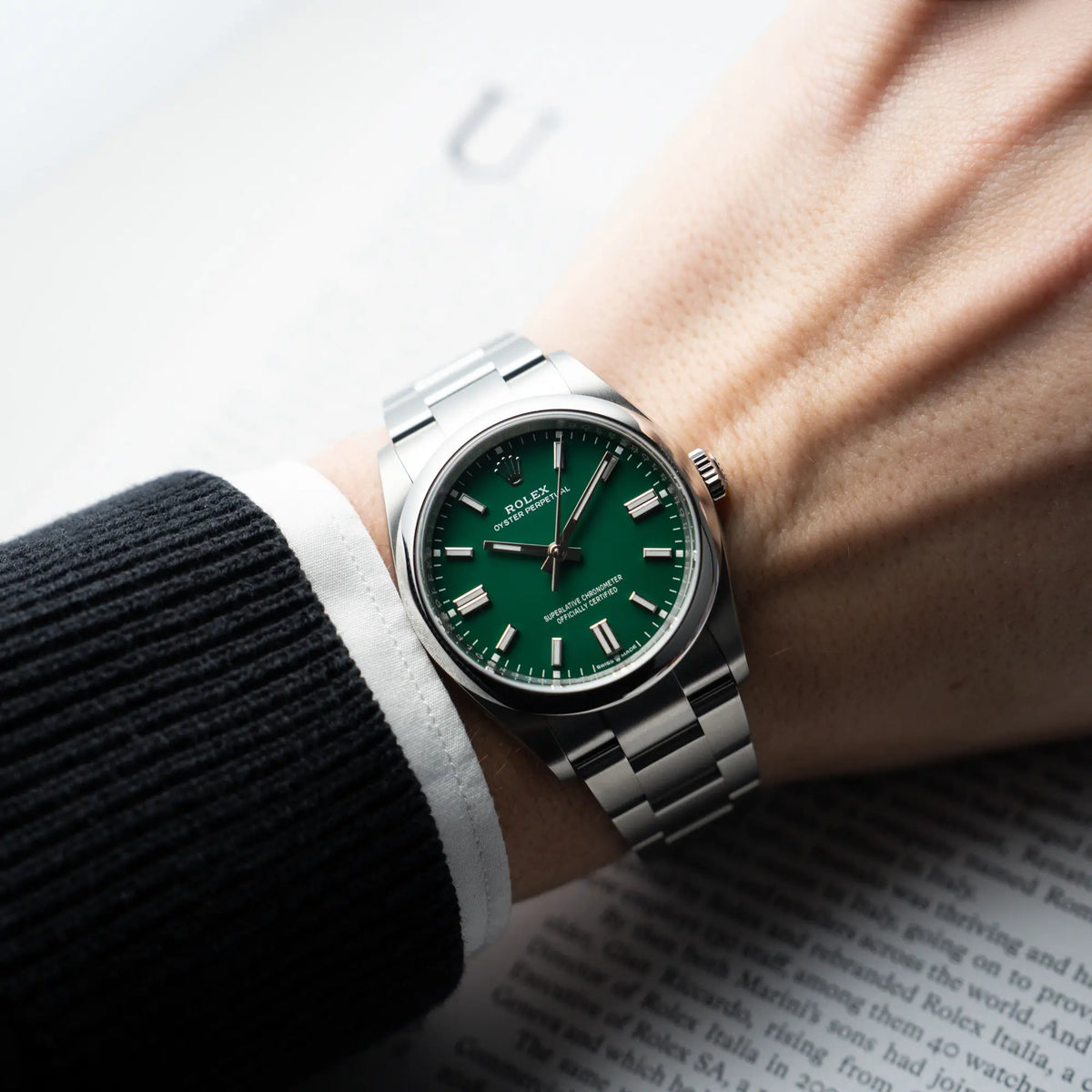 Wristshot mit der Rolex Oyster Perpetual in 36mm mit dem grünen Zifferblatt
