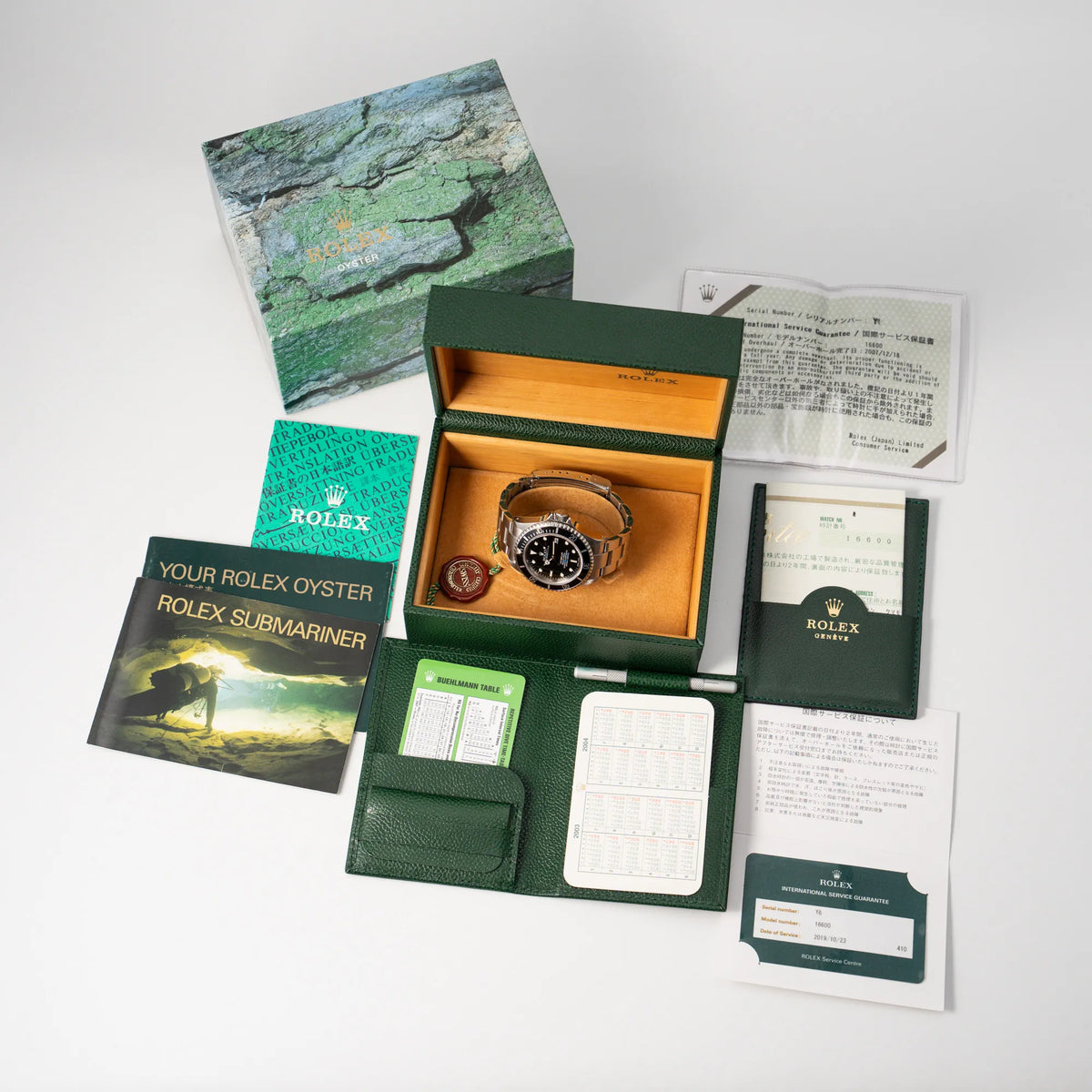 Rolex Sea-Dweller 4000 der Referenz 16600 mit der klassischen schwarzen Aluminium-Lünette aus Dezember 2002 zusammen mit dem Lieferumfang, betsehend aus Box mit Umkarton, Booklets, Rolex-Kalender, originaler Garantiekarte und Rlex-Service-Beleg, sowie Hangtag