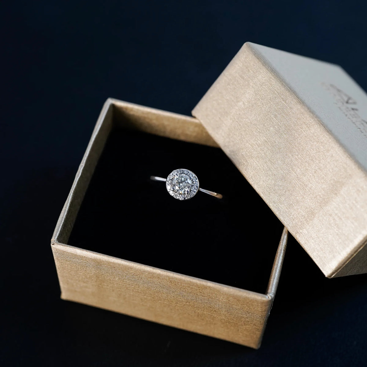 Verlobungsring "Blossom" aus der Schmuckatelier Lang Collection in Weißgold mit einem markantem Detail aus mehreren Diamanten, dass in der Anordnung an eine Blüte erinnert, liegt in der Schmuckverpackung
