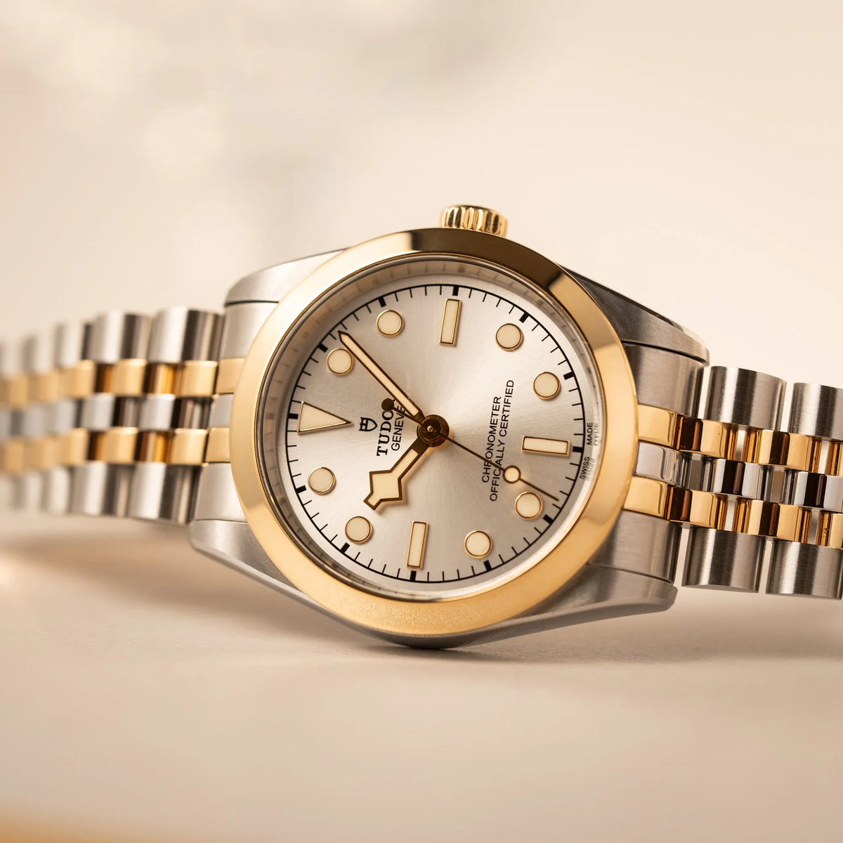 Produktfotografie als Titelbild der Tudor Black Bay 31 Stahl Gold der Referenz 79603 mit silberfarbenem Zifferblatt am Jubilee-Armband