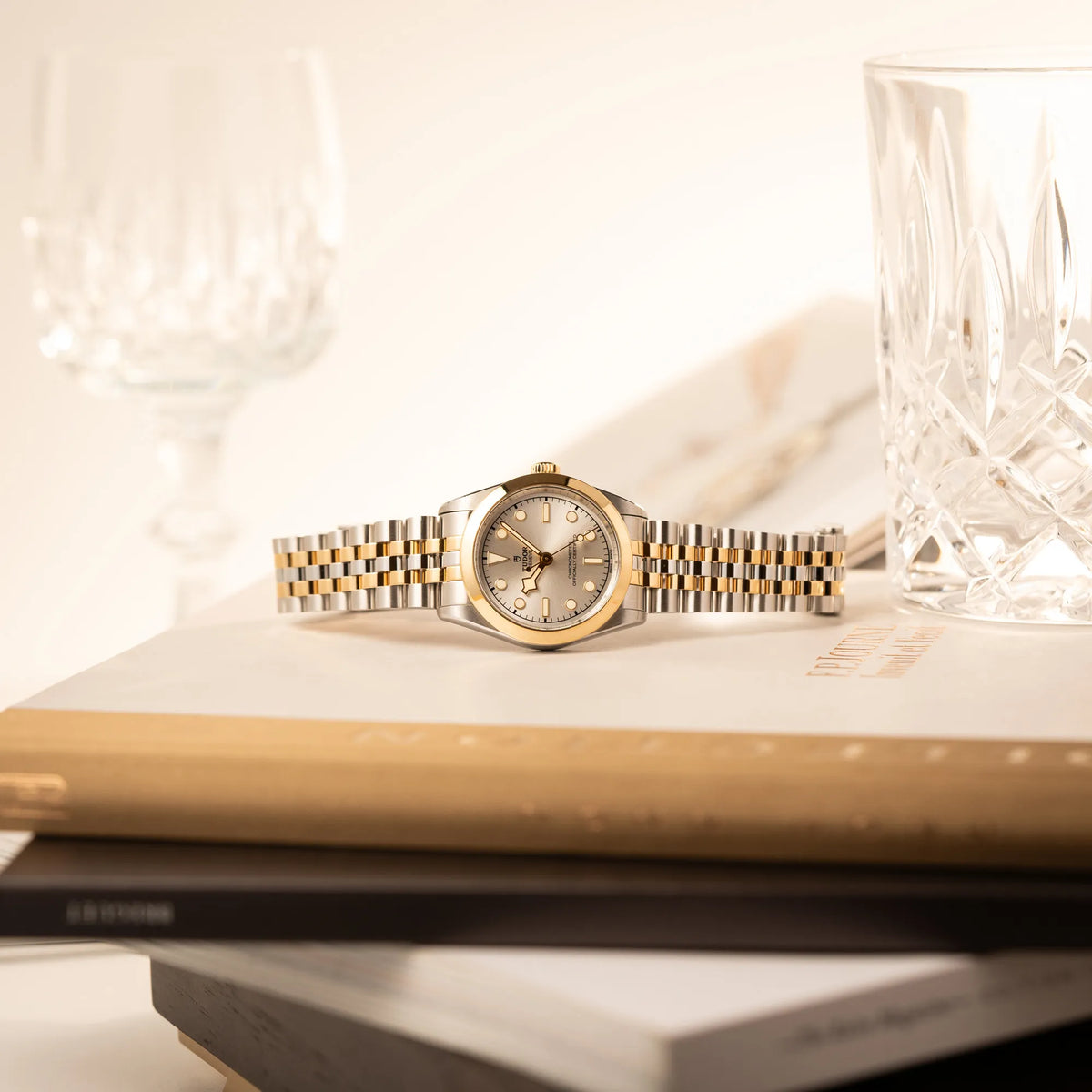 Produktfotografie der seitlich auf dem Gehäuse liegenden Tudor Black Bay 31 Stahl Gold der Referenz 79603 mit silberfarbenem Zifferblatt am Jubilee-Armband