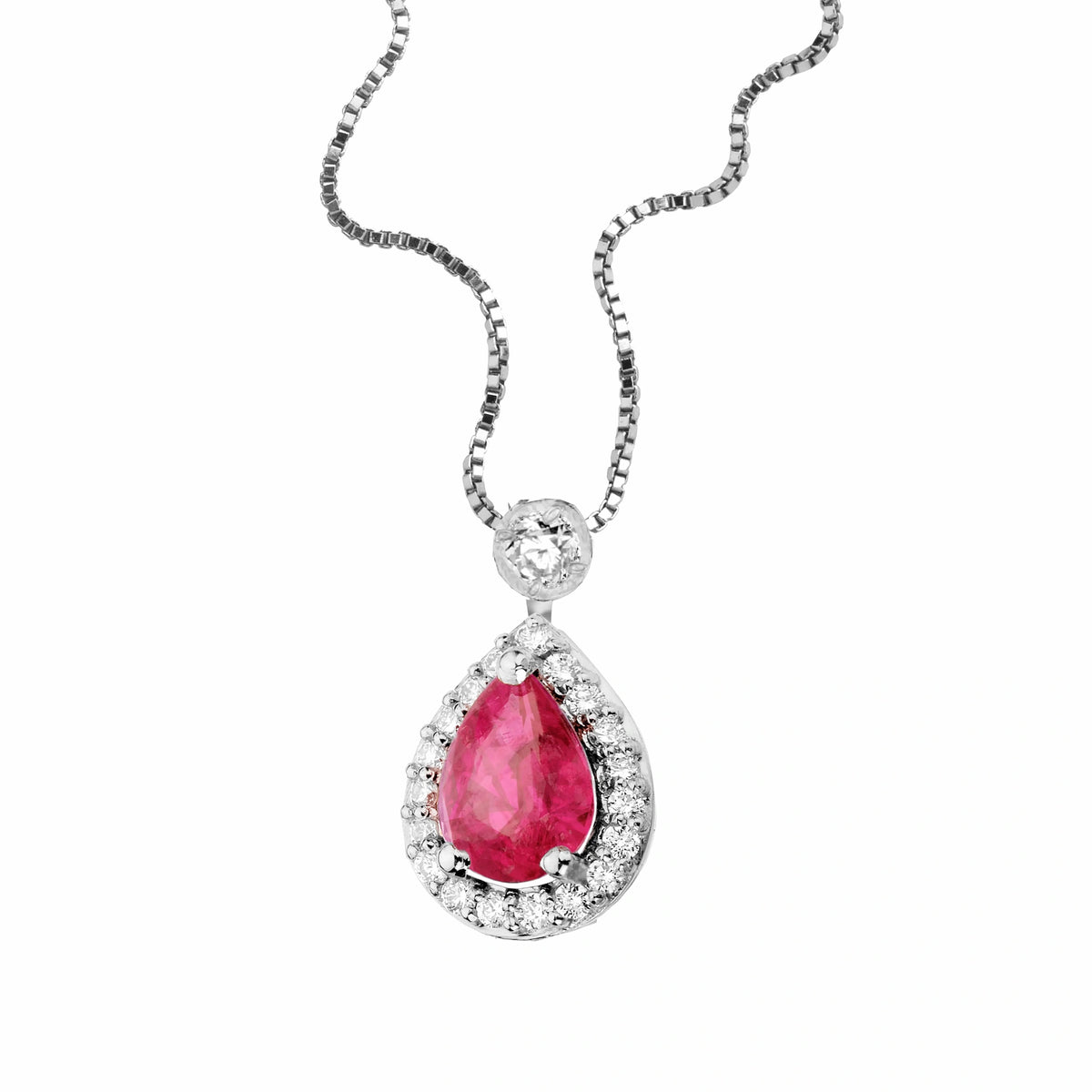 Collier aus Weißgold von Lunatica Roma mit rotem Rubin im Tropfen-Schliff und Diamant-Besatz
