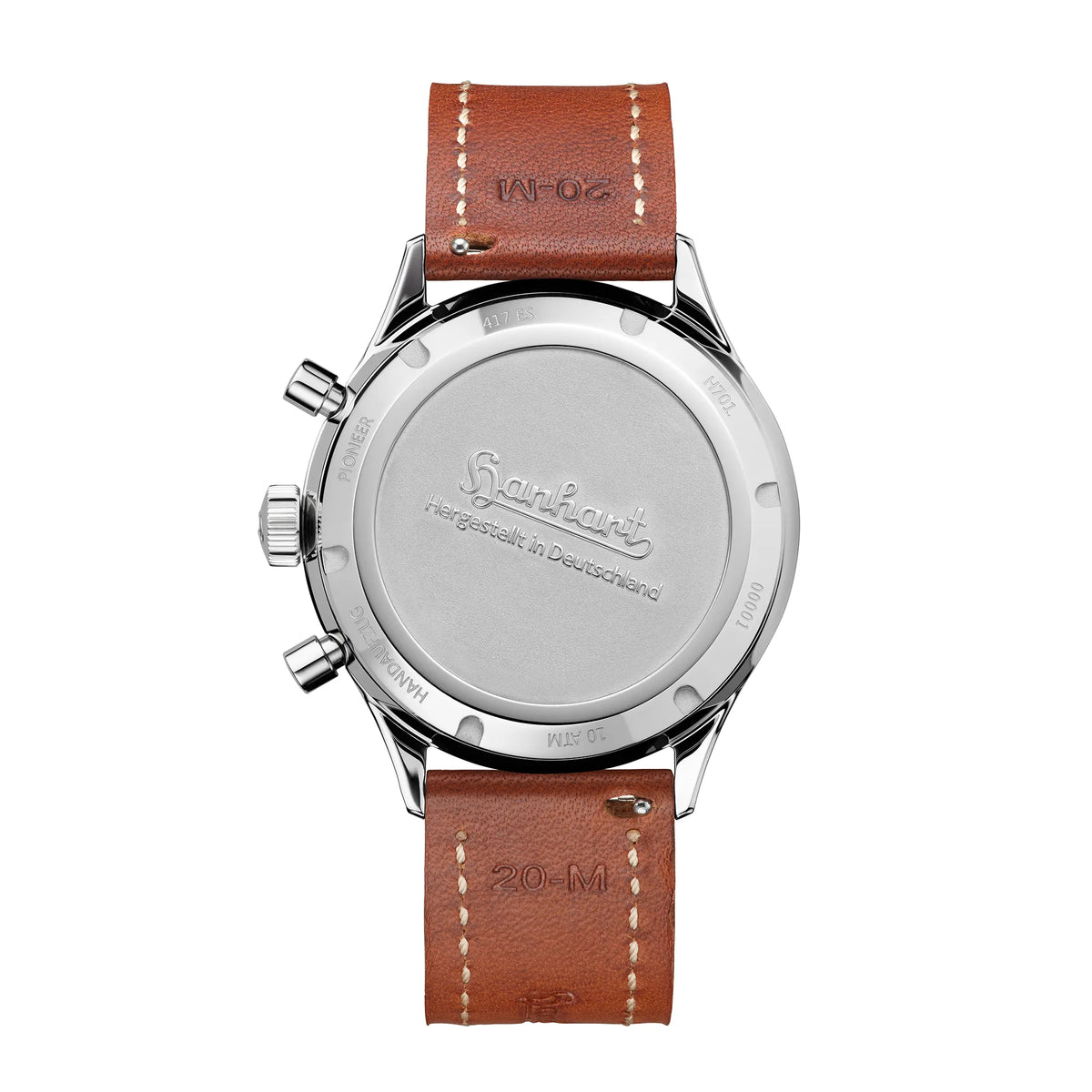 Verschraubter Gehäuseboden der Hanhart 417 ES Moby Dick mit weißem Zifferblatt und gebläuten Zeigern im 39 mm-Gehäuse