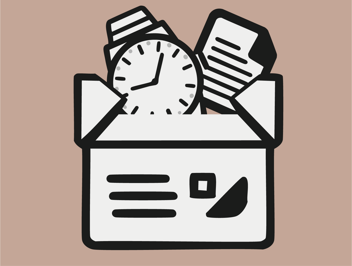 Icon für den Uhrenankauf, das eine Uhr, die zugehörigen Papiere und einen Versandkarton zeigt