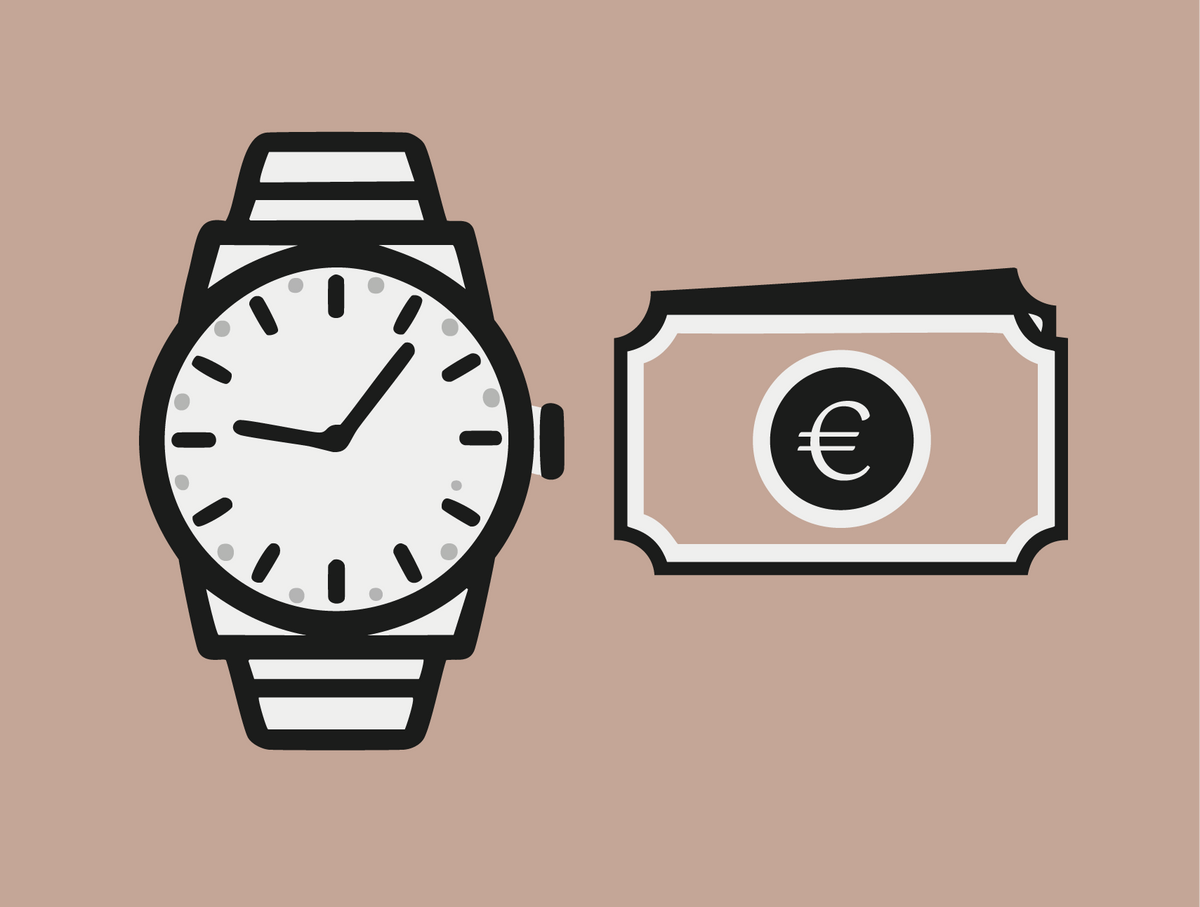 Icon für den Uhrenankauf, das eine Uhr und Bargeld zeigt