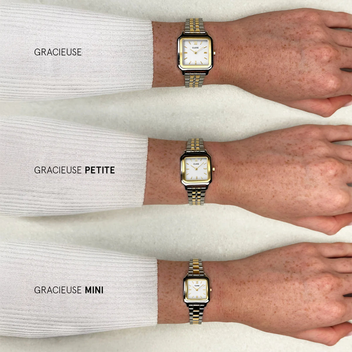 Größenvergleich der verschiedenen Gracieuse, Gracieuse Petite und Gracieuse Mini von Cluse 