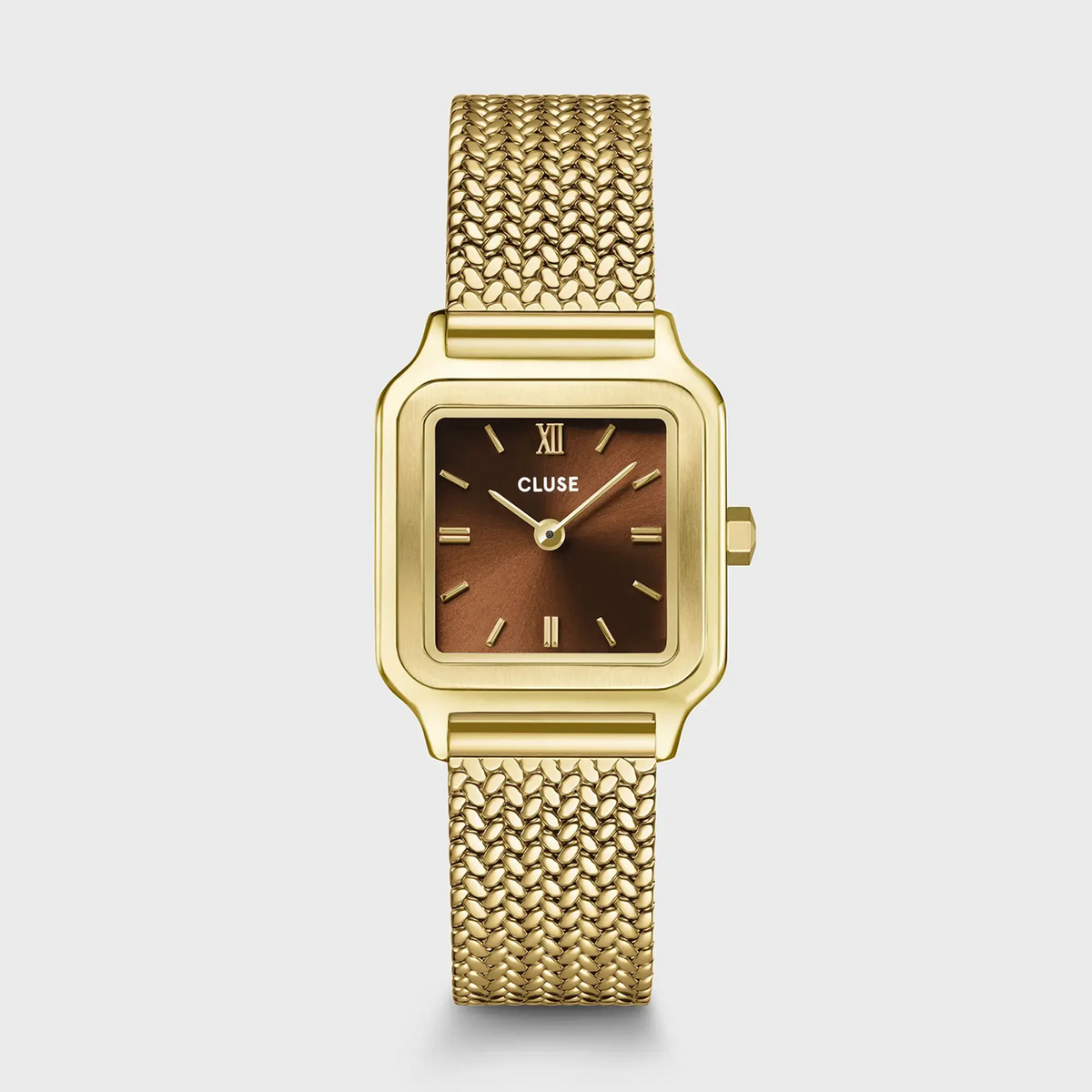 Frontale Ansicht der goldfarbenen Cluse Gracieuse Petite Damenuhr CW11830  mit braunem Sonnenschliff-Zifferblatt am Mesh-Armband