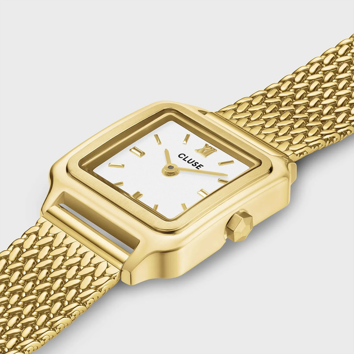 Detailansicht der goldfarbenen Cluse Gracieuse Mini Damenuhr CW15509  mit weißem Zifferblatt am Mesh-Armband