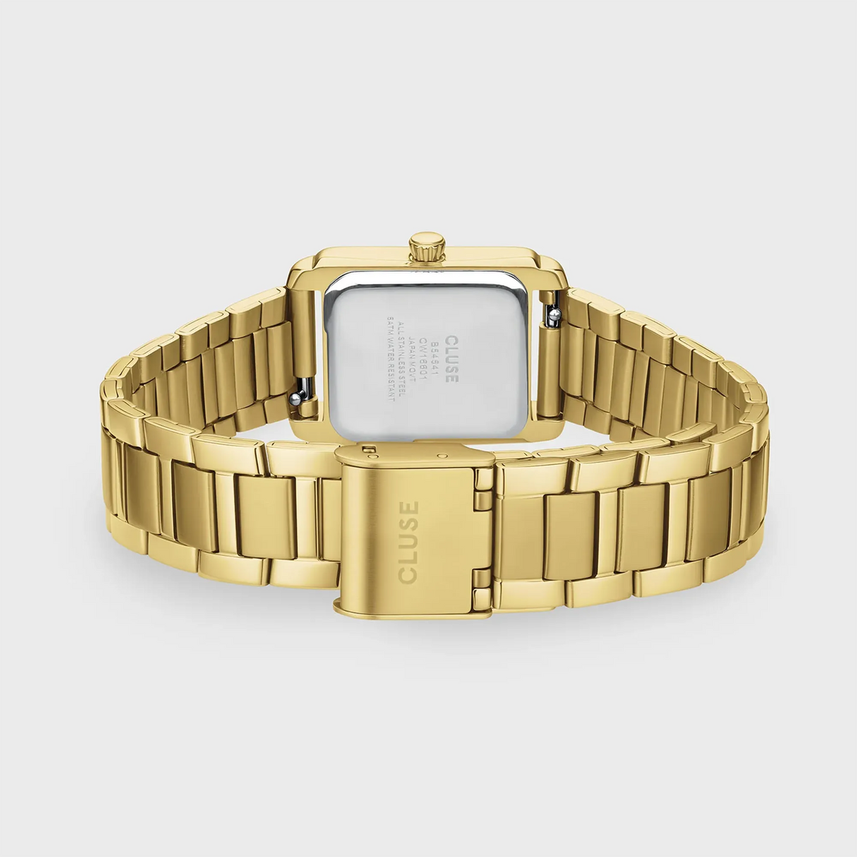 Armband der der rechteckigen, goldfarbenen Cluse Anglée Damenuhr CW16601  mit weißem, fein strukturierten Zifferblatt