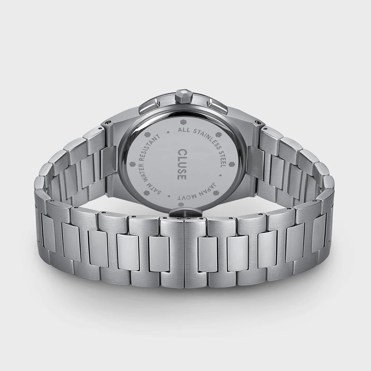 Rückseite der der Vigoureux Chronograph-Uhr von Cluse in Edelstahl mit dem silbernen Zifferblatt mit schwarzen Totalisatoren