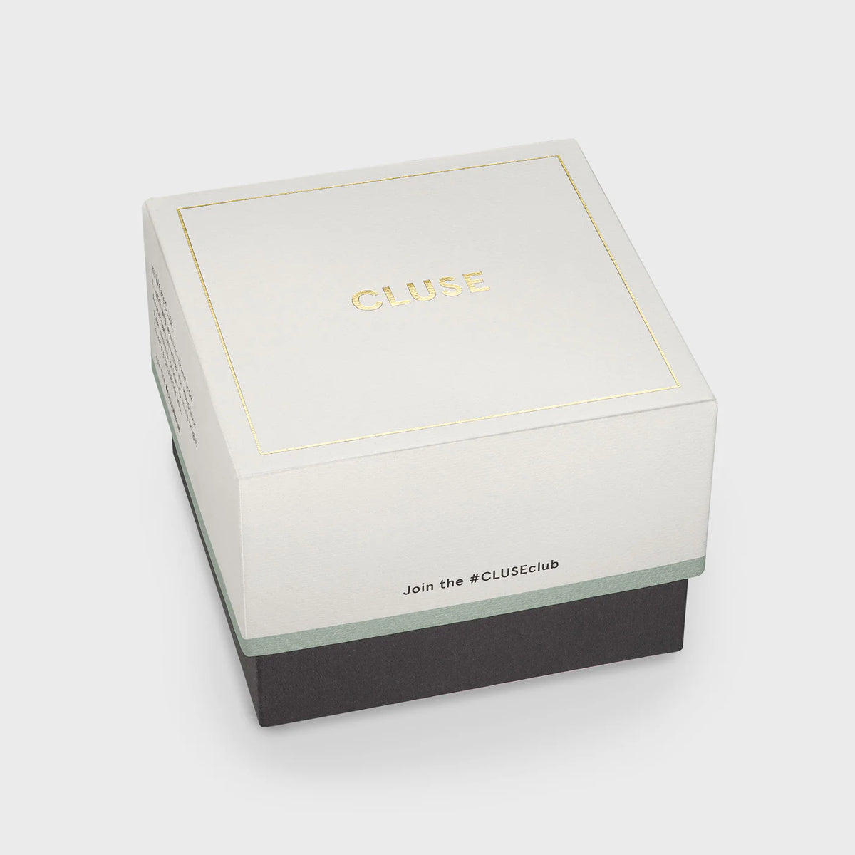 Verpackung zu der goldfarbenen Cluse Gracieuse Petite Damenuhr mit rechteckigem Gehäuse und beigem/bronze-farbenem  Zifferblatt an einem Doppel-Armband aus Leder im gleichen Farbton wie das Zifferblatt