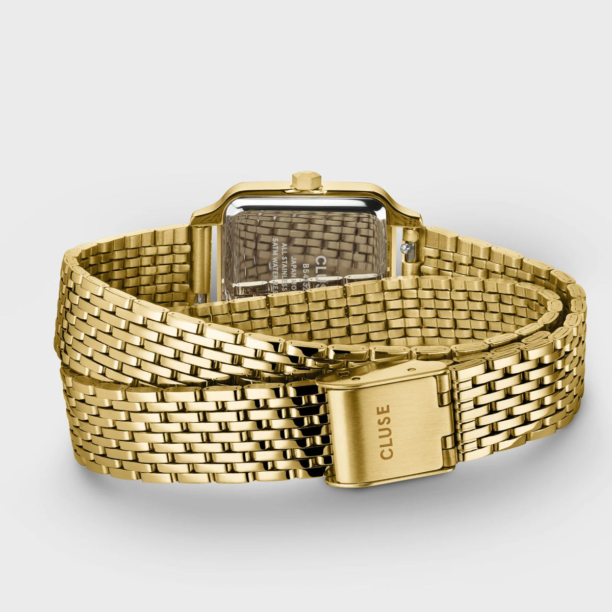 Blick auf das Doppelarmband mit feinen Glied-Elementen von der der goldfarbenen Cluse Gracieuse Petite Damenuhr mit rechteckigem Gehäuse und blauem Zifferblatt