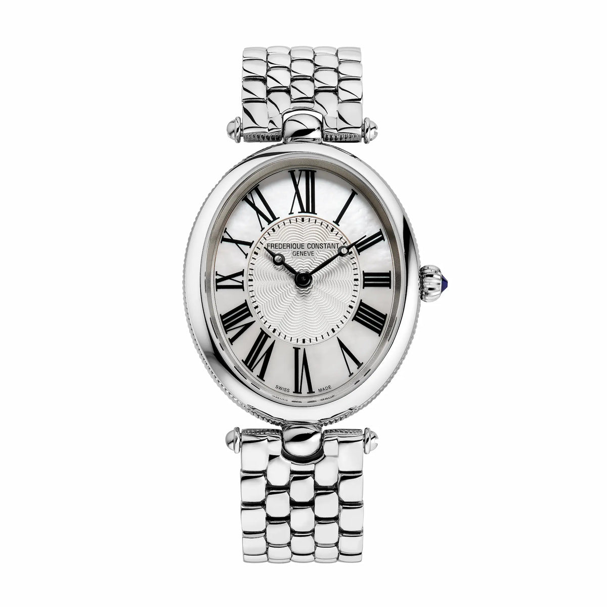 Frontale Ansicht der Frederique Constant Art Deco Oval aus der Classic Kollektion mit einem Edelstahlgehäuse und einem Zifferblatt in Perlmutt-Optik mit römischen Ziffern