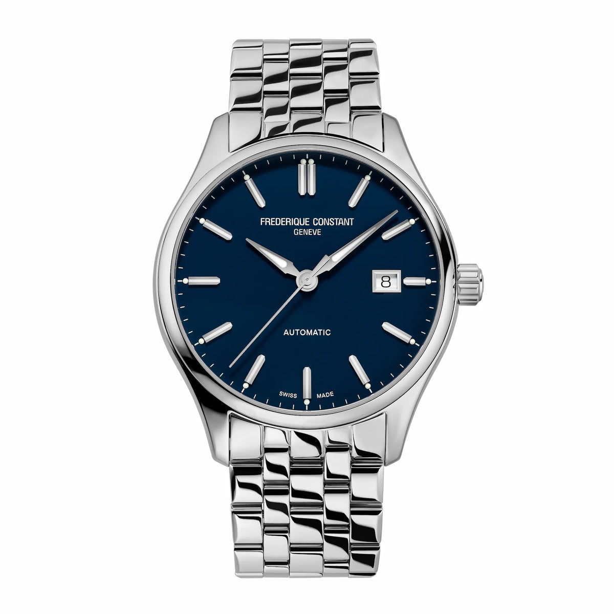 Frontale Ansicht der Frederique Constant Classics Index Automatic mit einem Edelstahl-Gehäuse an einem Edelstahl-Armband mit blauem Zifferblatt