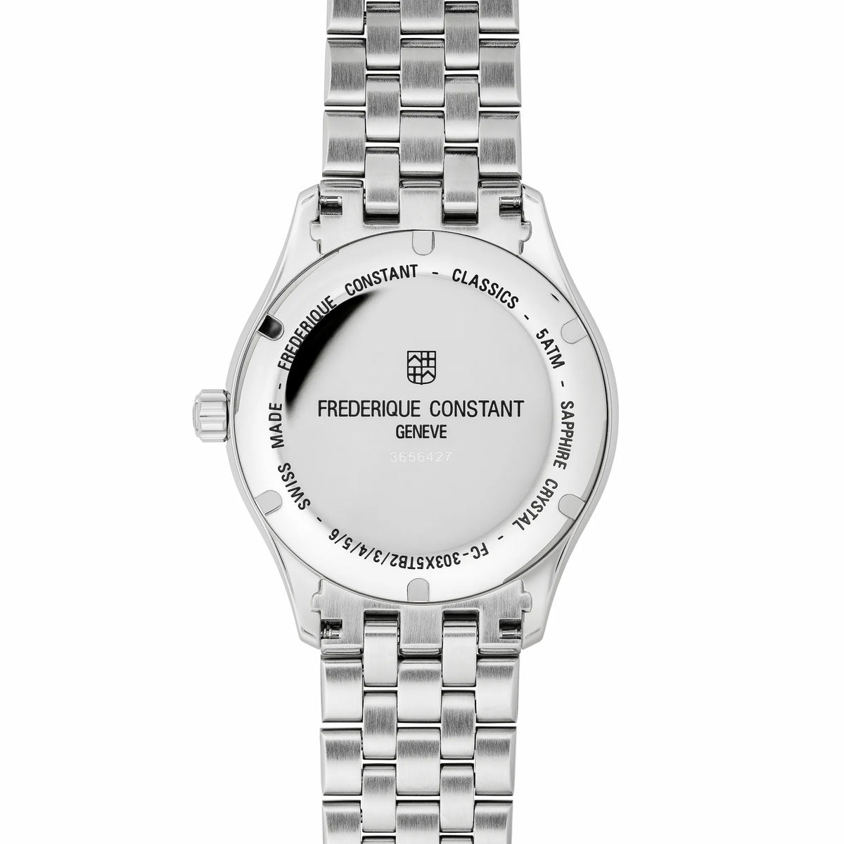 Rückseite mit Blick auf den Gehäuseboden der Frederique Constant Classics Index Automatic mit einem Edelstahl-Gehäuse an einem Edelstahl-Armband