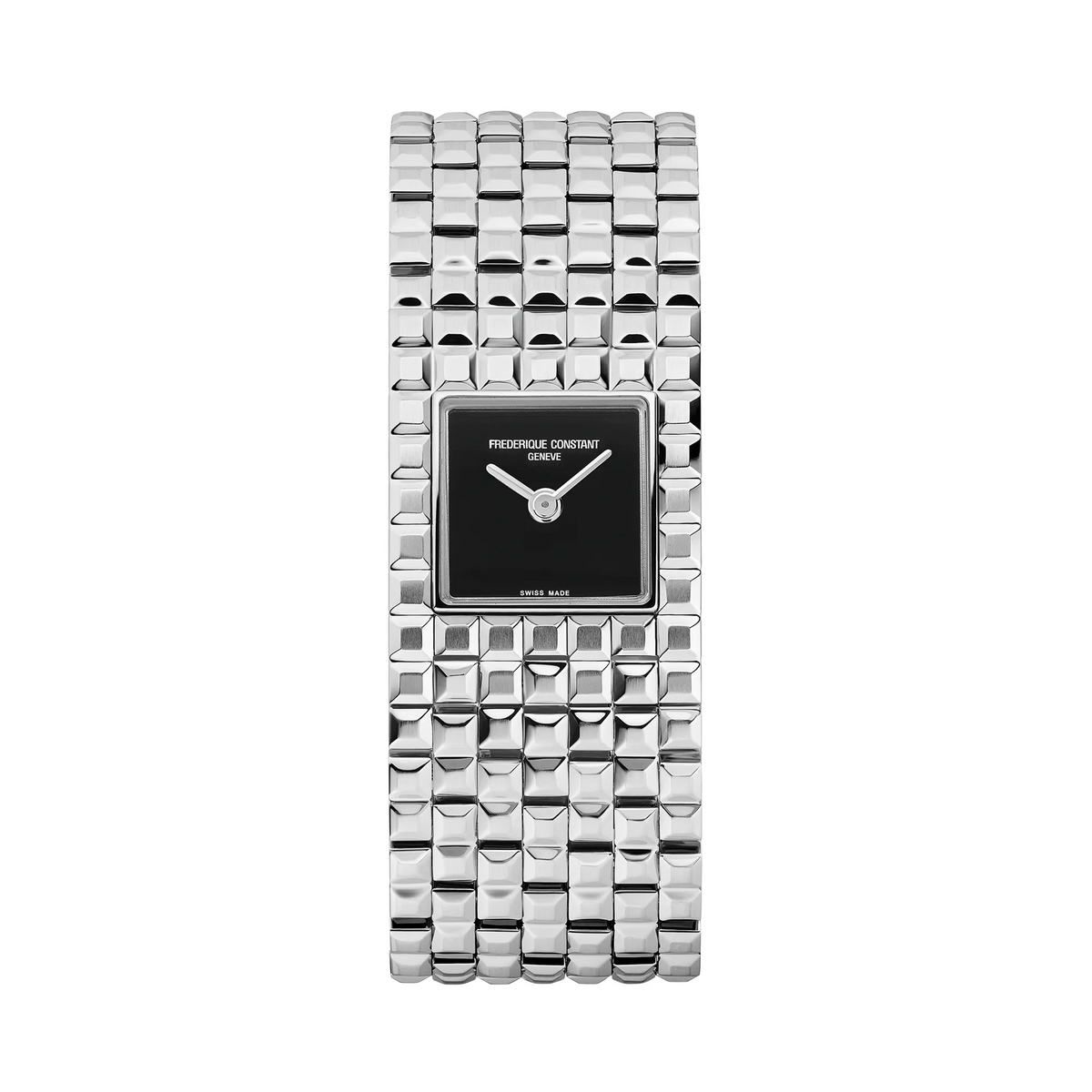Frontale Ansicht der Manchette Armbanduhr von Frederique Constant mit schwarzem Onyx Zifferblatt, die insgesamt mehr einem Armband ähnelt