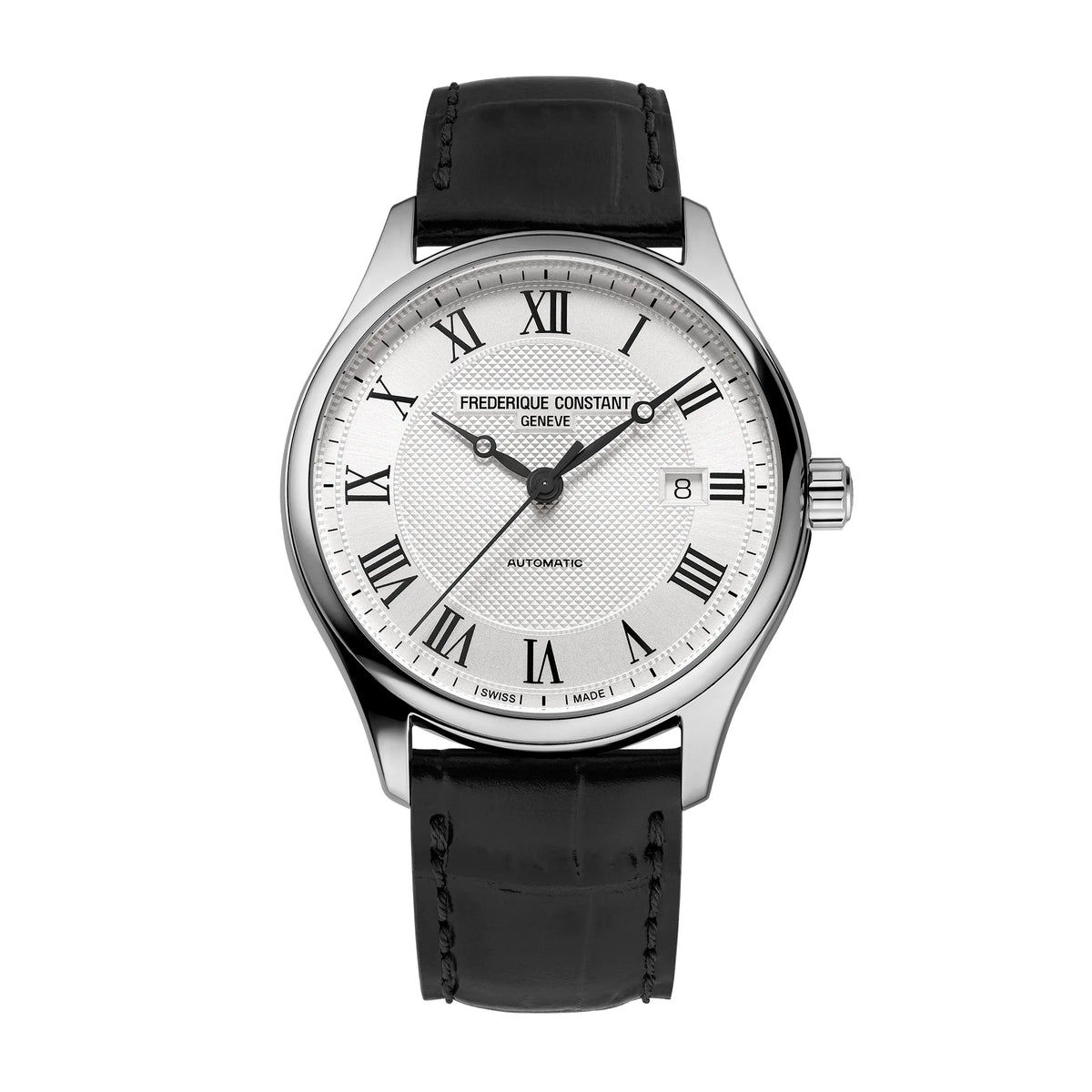 Frontale Ansicht der Frederique Constant Classics Automatic FC-303MC5B6 mit silberfarbenen Zifferblatt und römischen Indizes