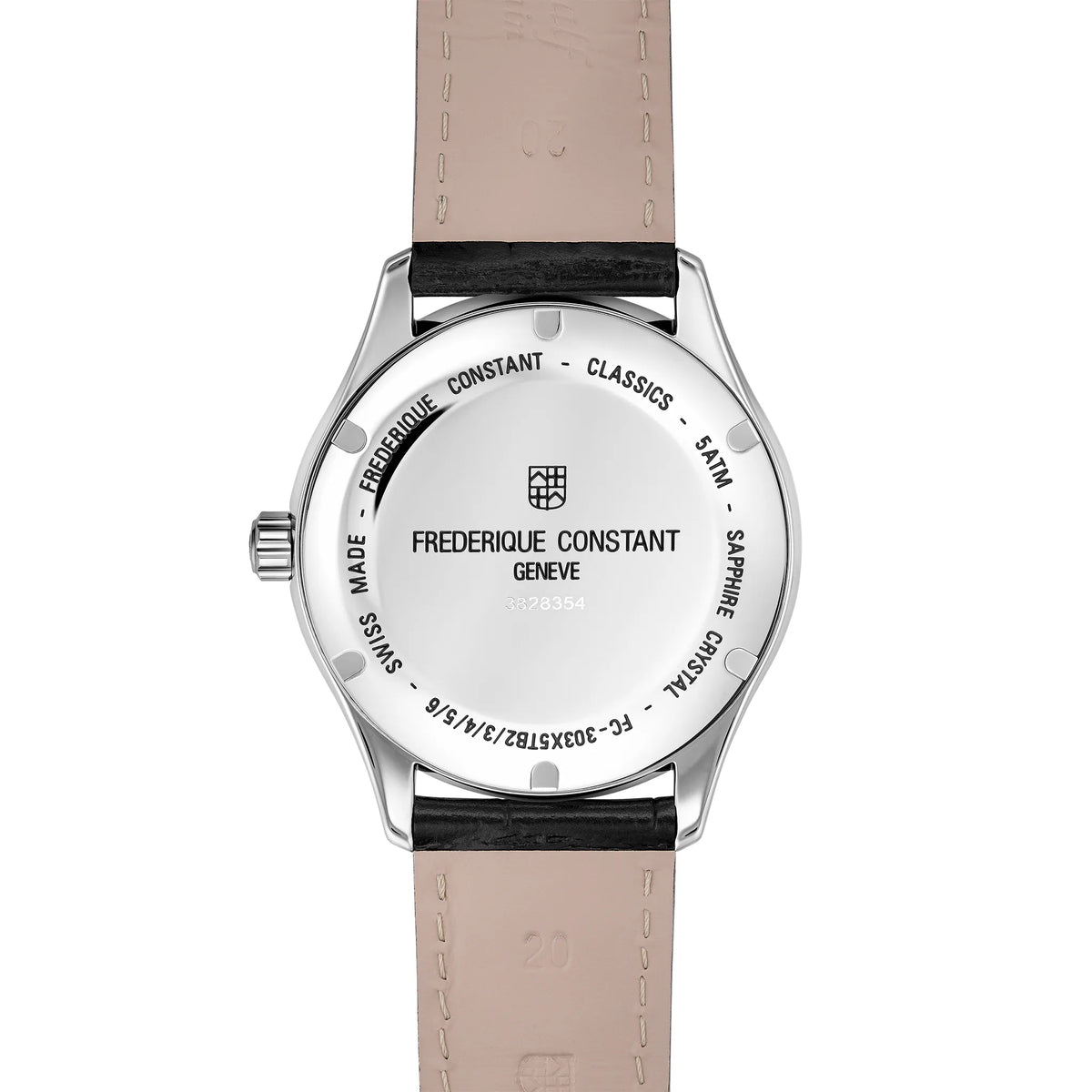 Rückseite der Frederique Constant Classics Automatic FC-303MC5B6 mit silberfarbenen Zifferblatt und römischen Indizes zeigt den verschraubten Gehäuseboden