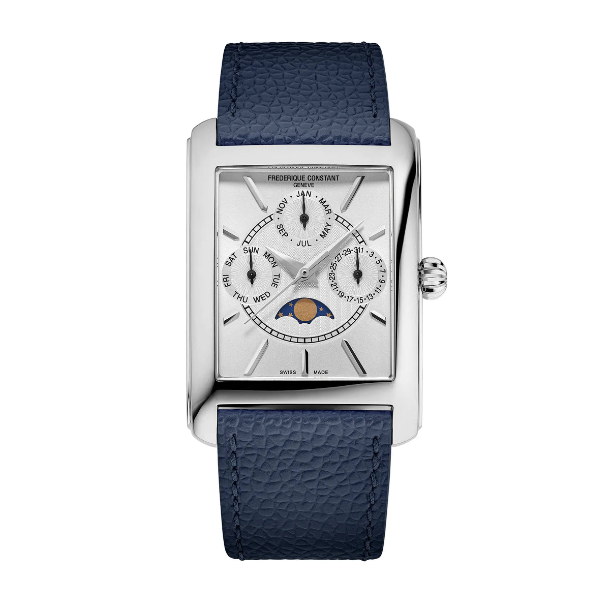 Frontale Ansicht der Frederique Constant    Classics Mondphase FC-265S4C6 mit eckigem Gehäuse am blauen Lederband
