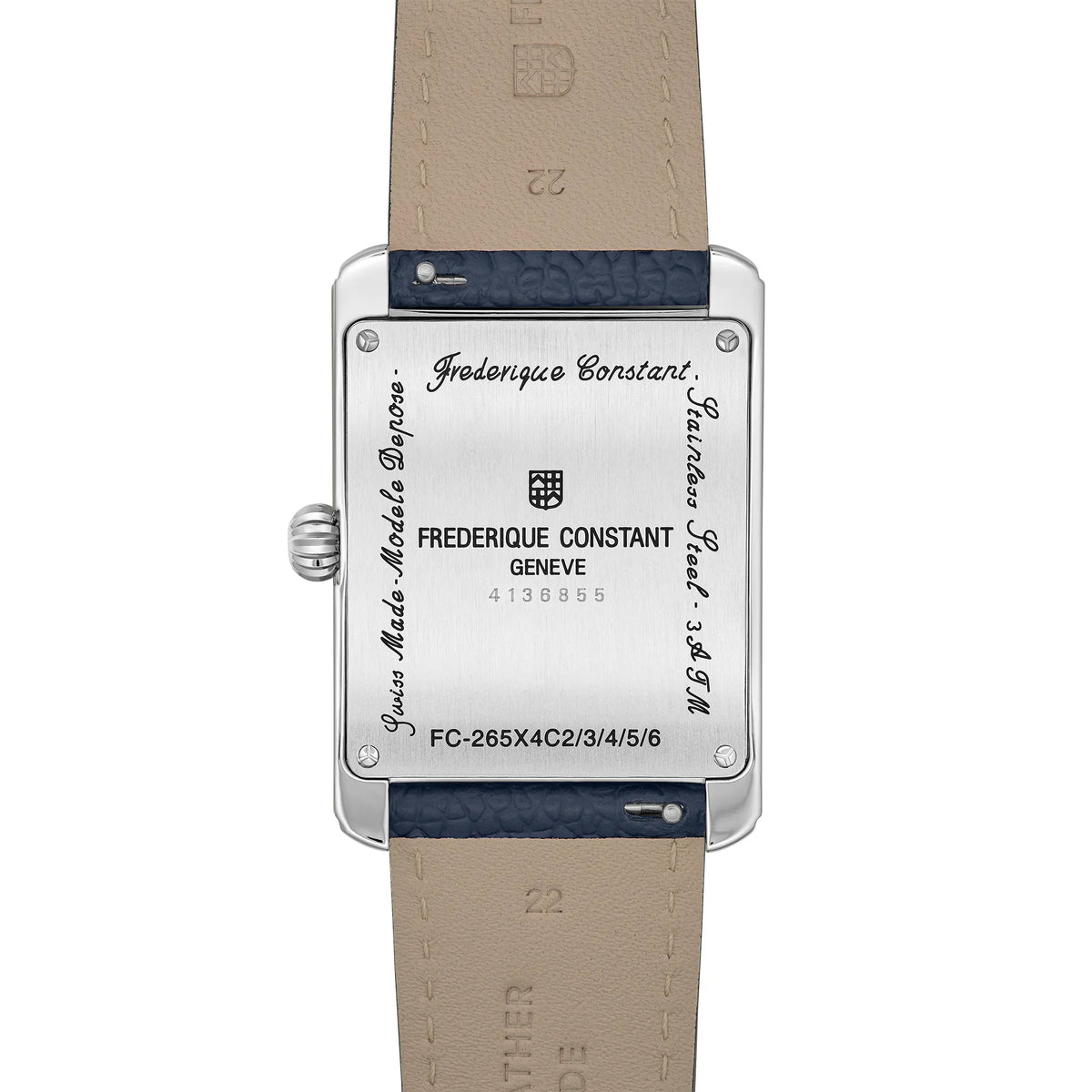 Blick auf den 
Gehäuseboden der Frederique Constant    Classics Mondphase FC-265S4C6 mit eckigem Gehäuse am blauen Lederband