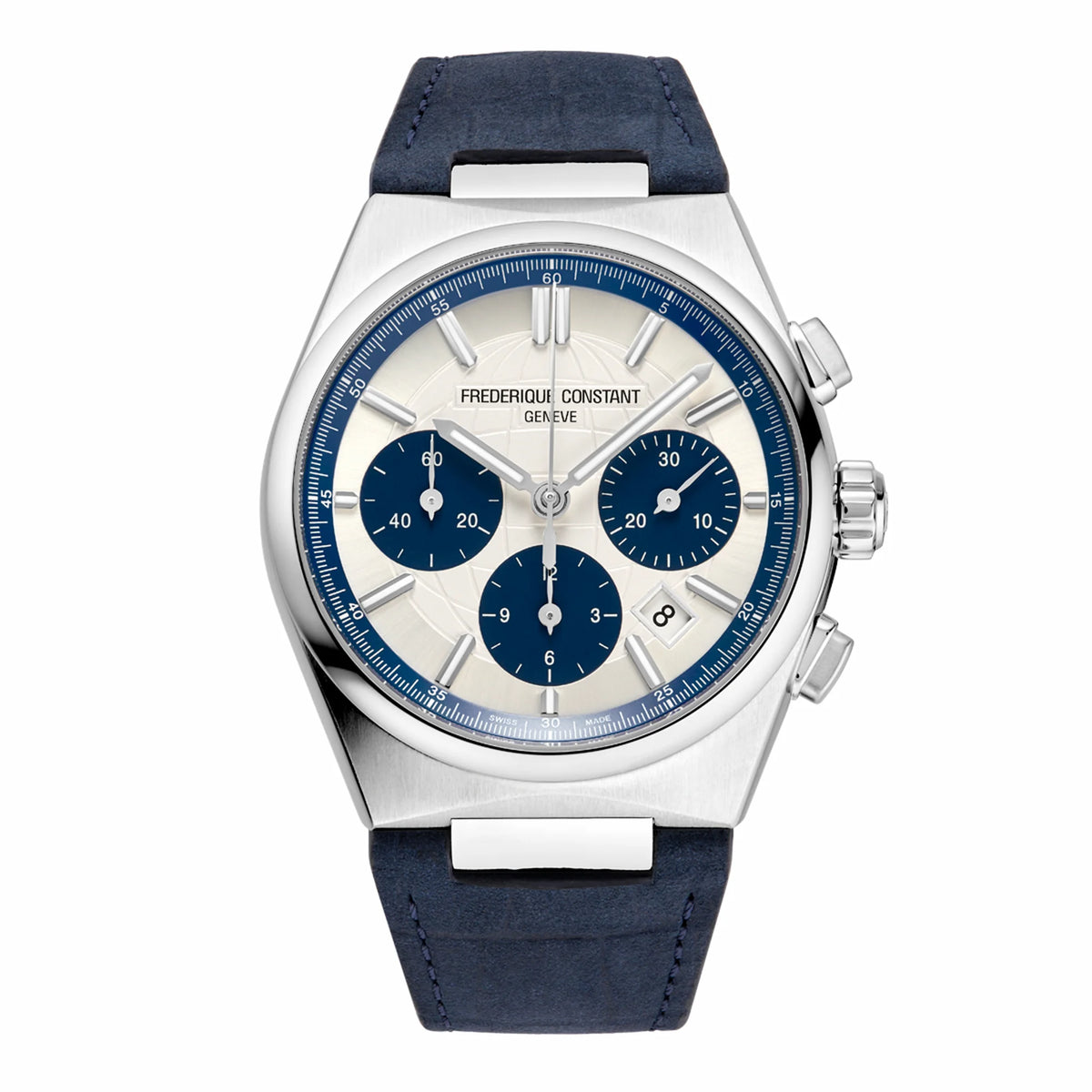 Frontale Ansicht des Automatic Chronographen mit blauen Akzenten und einem dunkelblauen Lederarmband von Frederique Constant aus der Highlife-Kollektion 