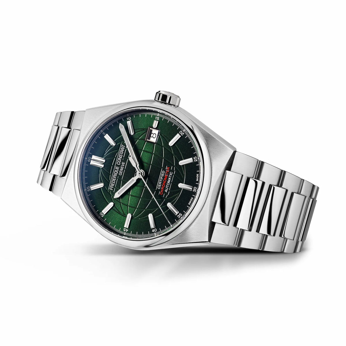Produktfotografie der liegenden "Highlife Automatic COSC" mit dem grünen Sonnenschliff Zifferblatt von Frederique Constant