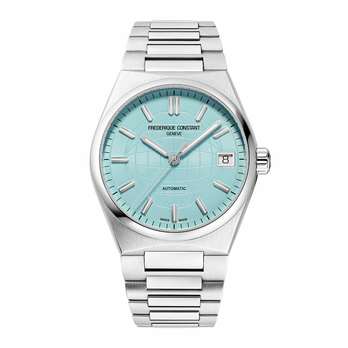 Frontale Ansicht der Frederique Constant Uhr "Highlife Ladies Automatic" mit einem tiffany-blauen und Edelstahl-Gehäuse