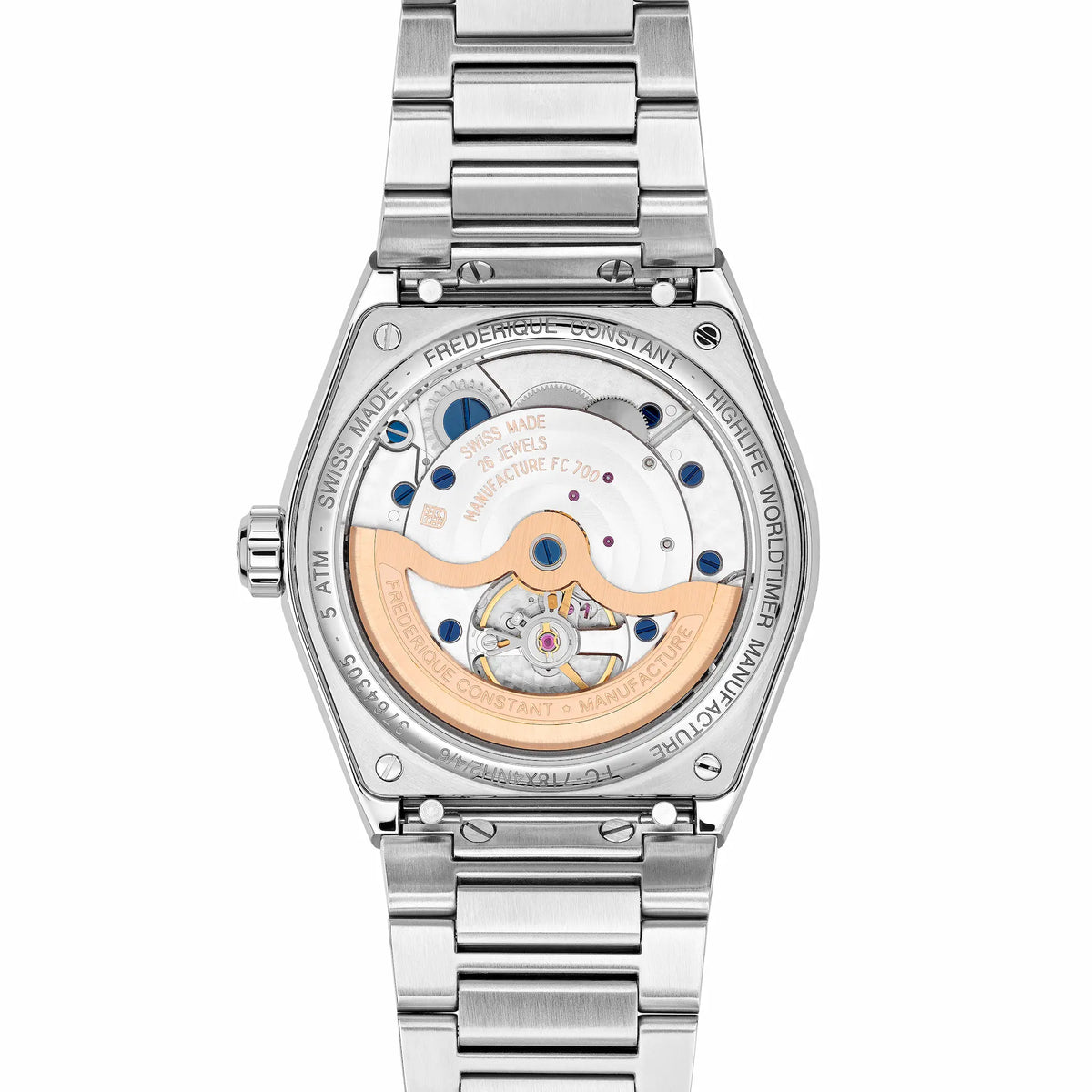 Rückseite der Worldtimer-Uhr von Frederique Constant aus der Highlife Kollektion mit einem Blick auf das Uhrwerk durch den Gehäuseboden aus Glas