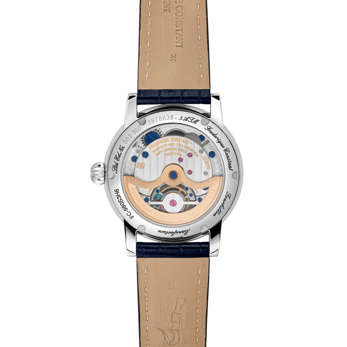 Gehäuseboden mit Sichtglas zeigt das Automatik-Uhrwerk der Frederique Constant Manufacture Classic Tourbillon FC-980S3H6 in Stahl mit silberfarbenem Zifferblatt und Tourbillon-Käfig bei 6 Uhr an einem dunkelblauen Alligator-Lederband