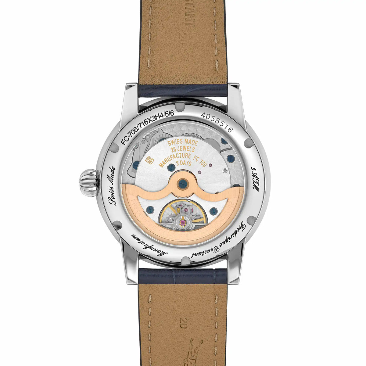 Gläserner Gehäuseboden mit Blick auf das Uhrwerk der Manufacture Classic Moonphase Date in der dunkelblauen Farbvariante von Frederique Constant