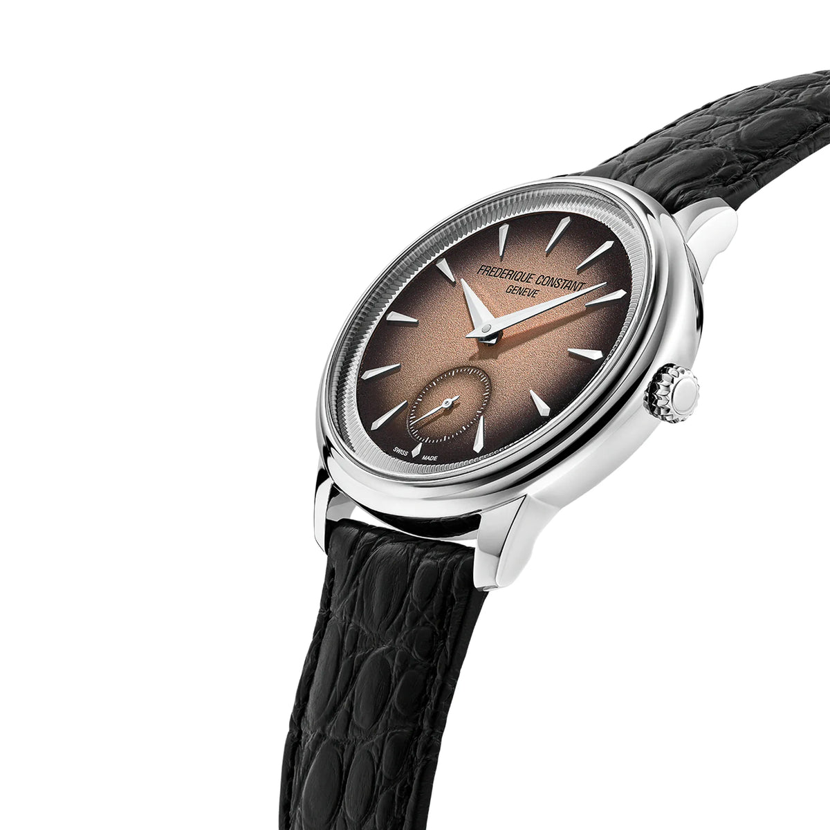 Leicht seitliche Ansicht der Frederique Constant Moneta Handaufzug Limited Edition der Referenz FC-435BBL3S6 mit braun-schwarz verlaufendem Ombre-Dial am schwarzen Lederband