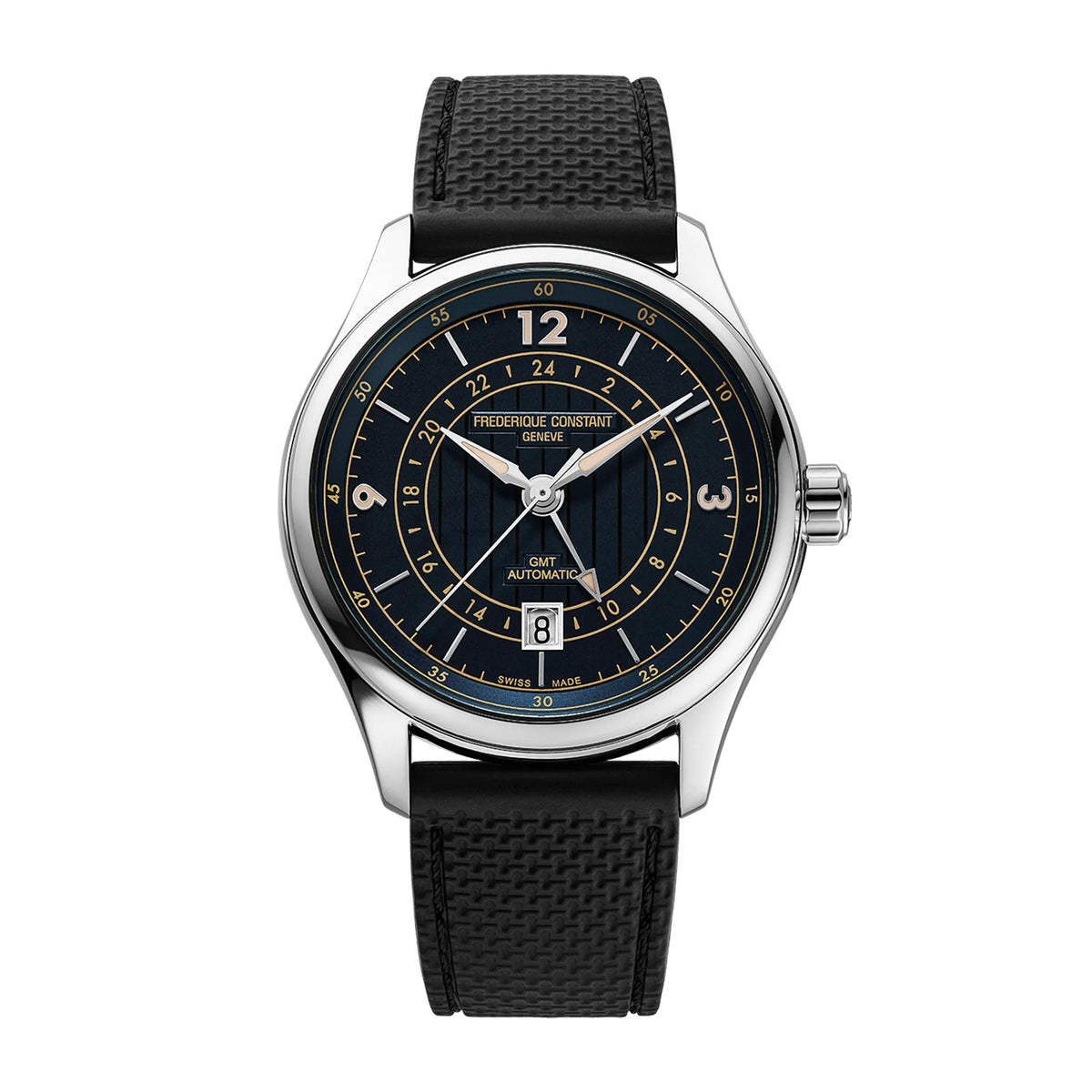Frontansicht der Frederique Constant Runabout GMT Herrenuhr FC-350RN5B6 mit 42mm Edelstahl-Gehäuse, tiefblauem Zifferblatt mit Indizes im beigen Vintage-Look am schwarzen Kautschuk-Armband