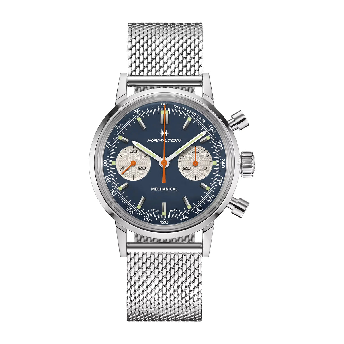 Hamilton American Classic Intra-matic Chronographen mit blauem Zifferblatt und orangen Details an Edelstahl Mesh-Armband
