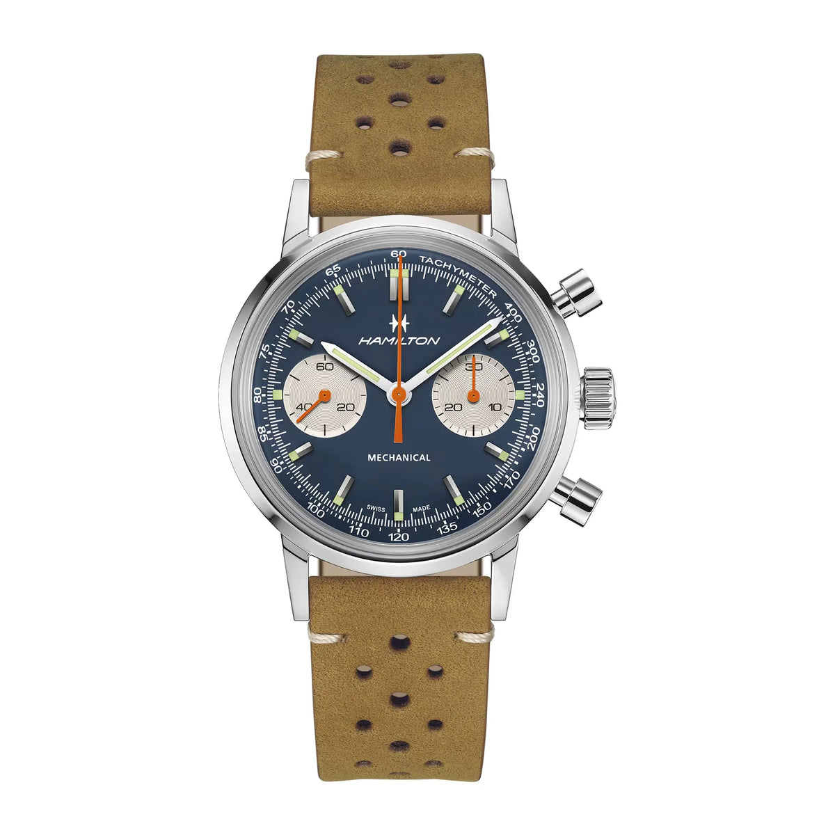 Hamilton American Classic Intra-matic Chronographen mit blauem Zifferblatt und orangen Details an einem hellbraunen Lederband