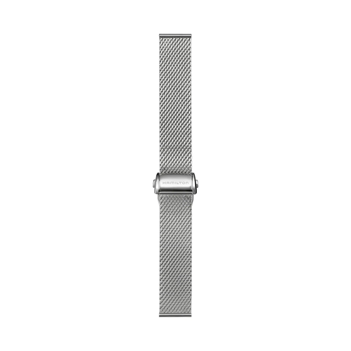 Produktfotografie des feingliedrigen Mesh-Armbands für die Hamilton American Classic Intra-Matic Auto Chrono H38429130 mit dem Reverse-Panda Zifferblatt