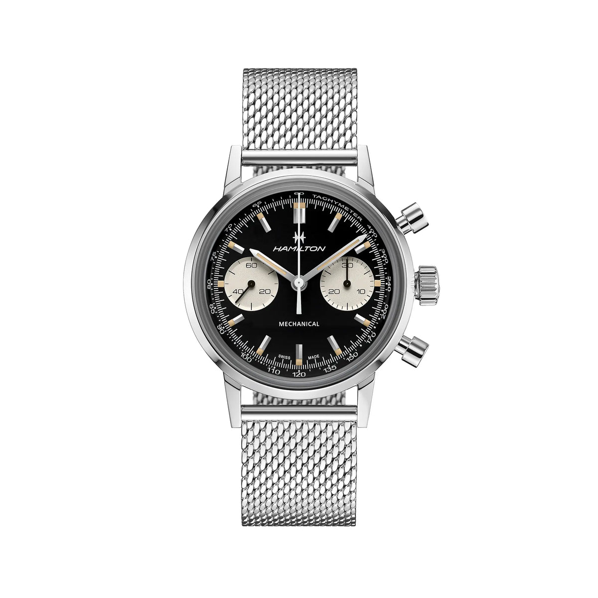 Frontale Ansicht der Hamilton American Classic Intra-Matic Auto Chrono H38429130 mit dem Reverse-Panda Zifferblatt an einem feingliedrigen Mesh-Armband