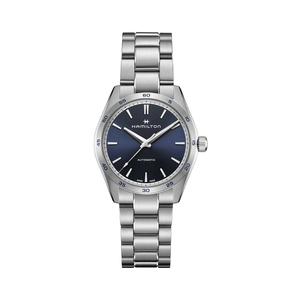 Produktfotografie zeigt die Hamilton Jazzmaster Performer Auto H36215140 mit 38mm-Gehäuse und blauem Zifferblatt von vorne