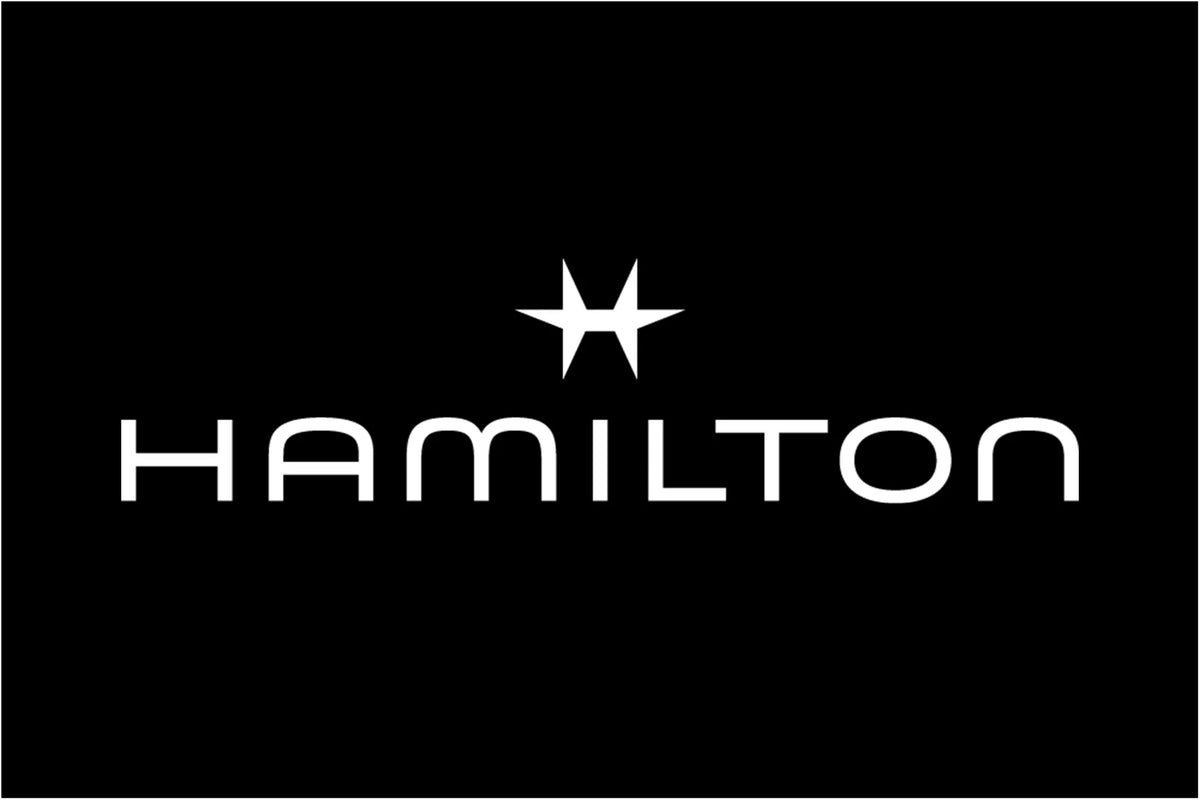 Logo von Hamilton Watches in weißer Schrift auf schwarzem Hintergrund
