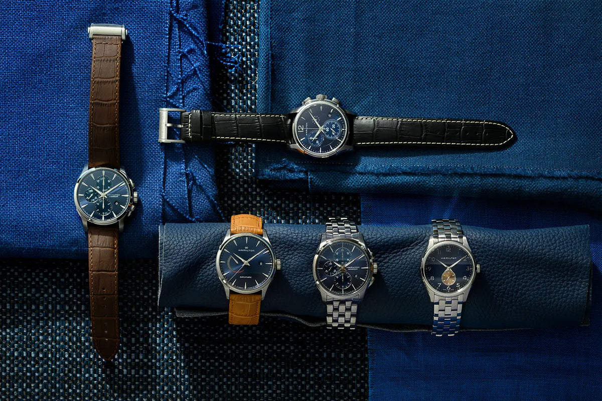 Fotografie zeigt verschiedene Modelle aus der Jazzmaster Kollektion von Hamilton