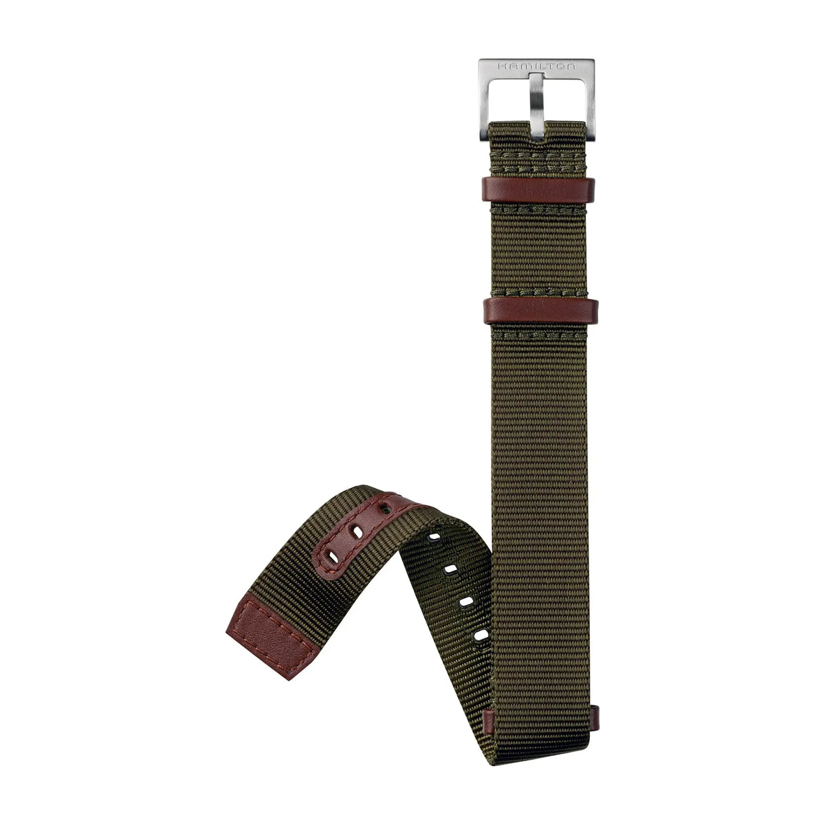 Olivgrünes Nato-Textil-Armband mit braunen Leder-Details zu der Hamilton Khaki Field Mechanical H69439931 mit weißem Zifferblatt