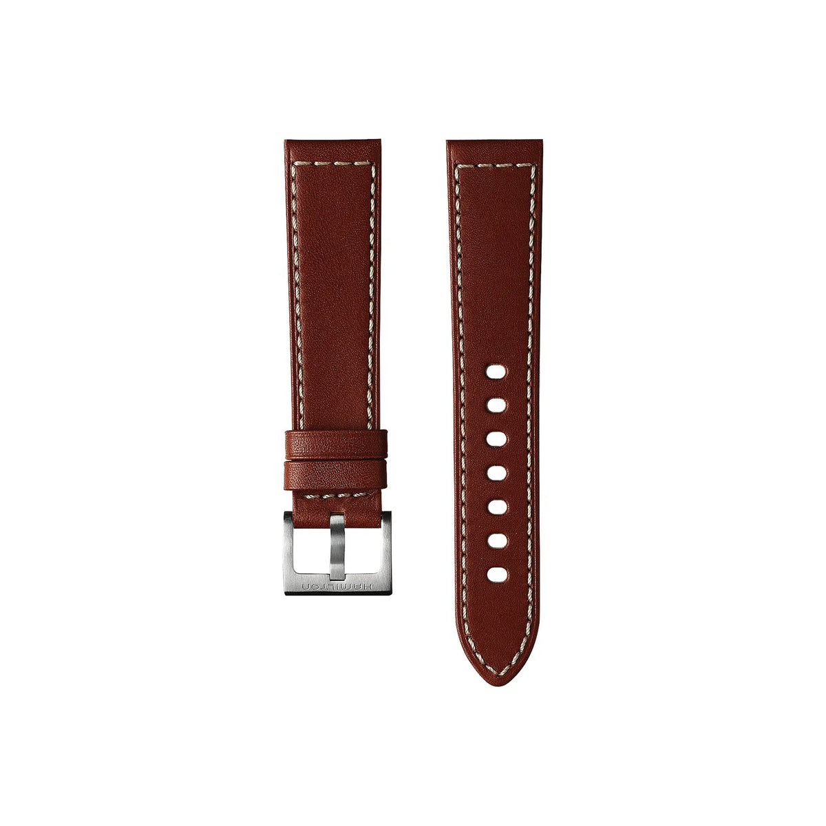 Weiß abgenähtes, braunes Lederband an der Dornschliesse zu der Hamilton Khaki Field Auto H70455533 mit schwarzem Zifferblatt an einem braunen Lederband