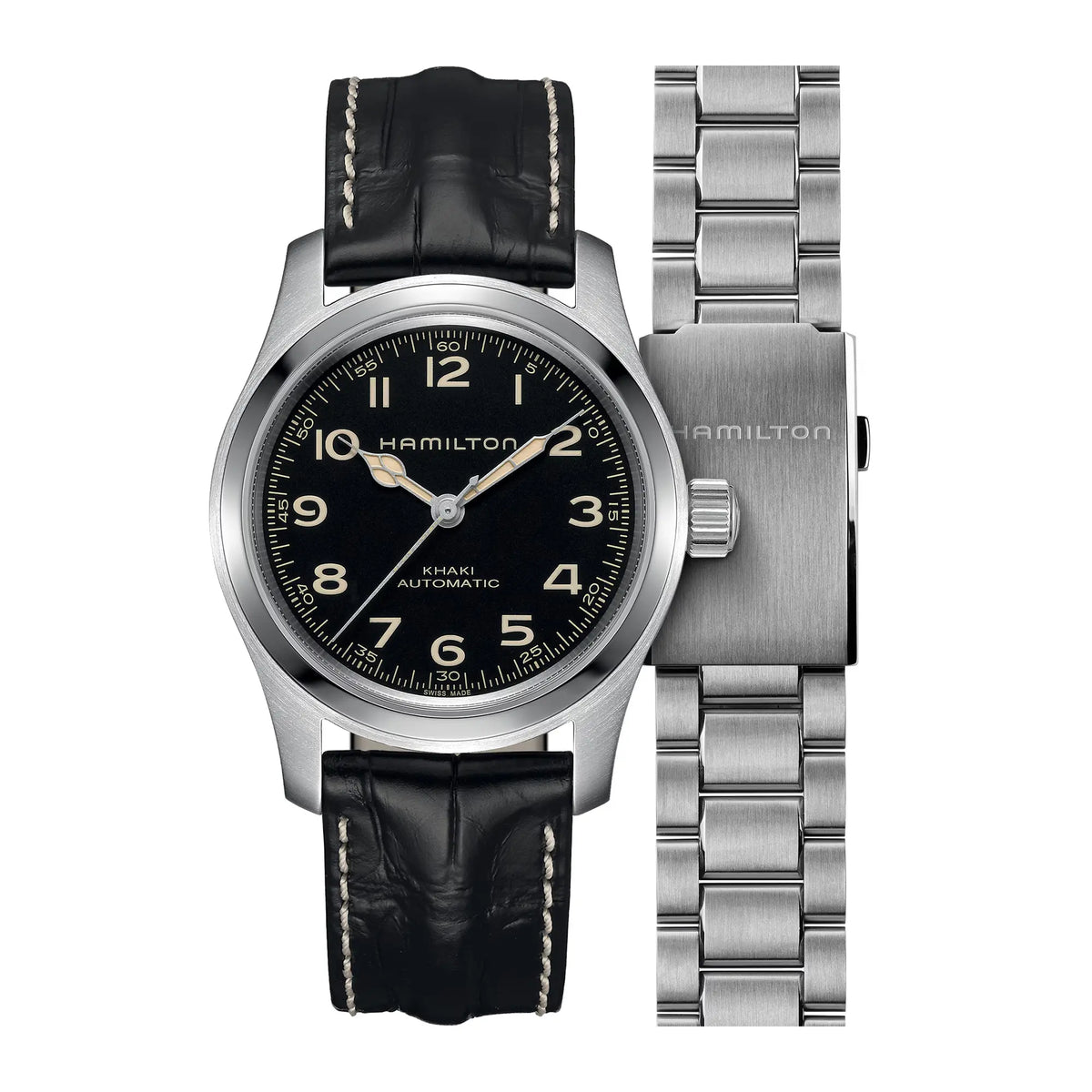 Hamilton Khaki Murph mit 42mm-Edelstahl-Gehäuse im Bundle-Set mit schwarzem Lederband und zusätzlichem Edelstahl-Armband