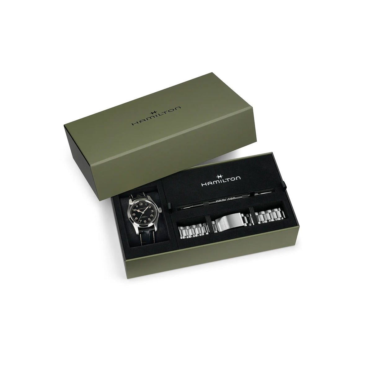 Lieferumfang zu der Hamilton Khaki Murph mit 42mm-Edelstahl-Gehäuse im Bundle-Set mit schwarzem Lederband und zusätzlichem Edelstahl-Armband