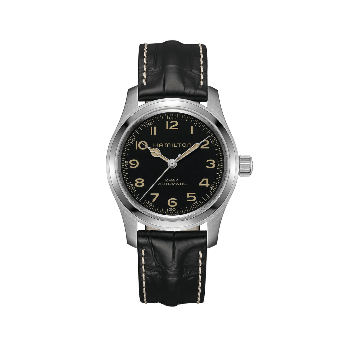 Frontale Ansicht der Hamilton Murph H70405730 im 38mm-Edelstahl-Gehäuse und einem schwarzem Zifferblatt Indizes und Zeigern mit Vintage-Charakter