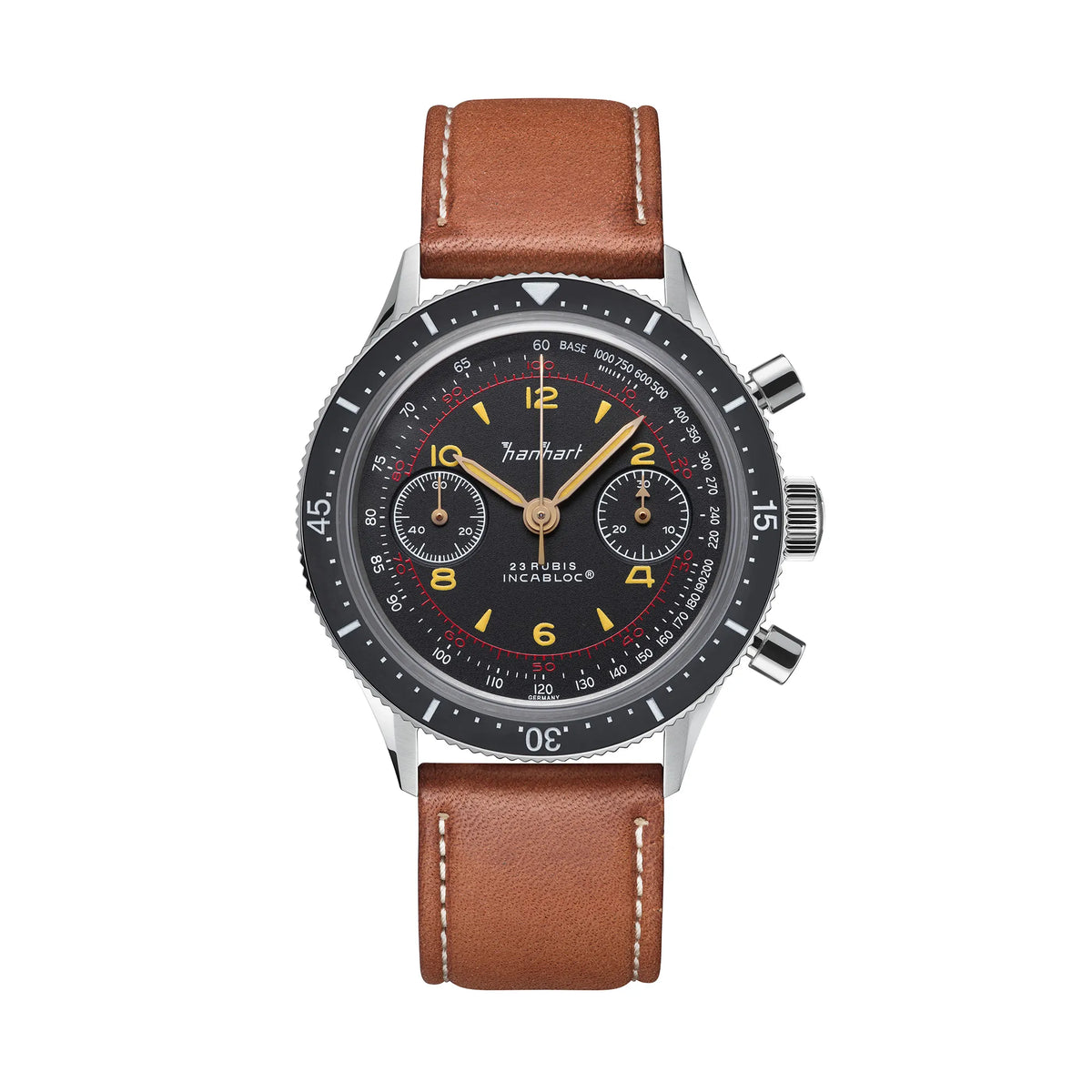Frontale Ansicht des klassischen Hanhart Chronographs "415 ES" an einem braunen Lederband