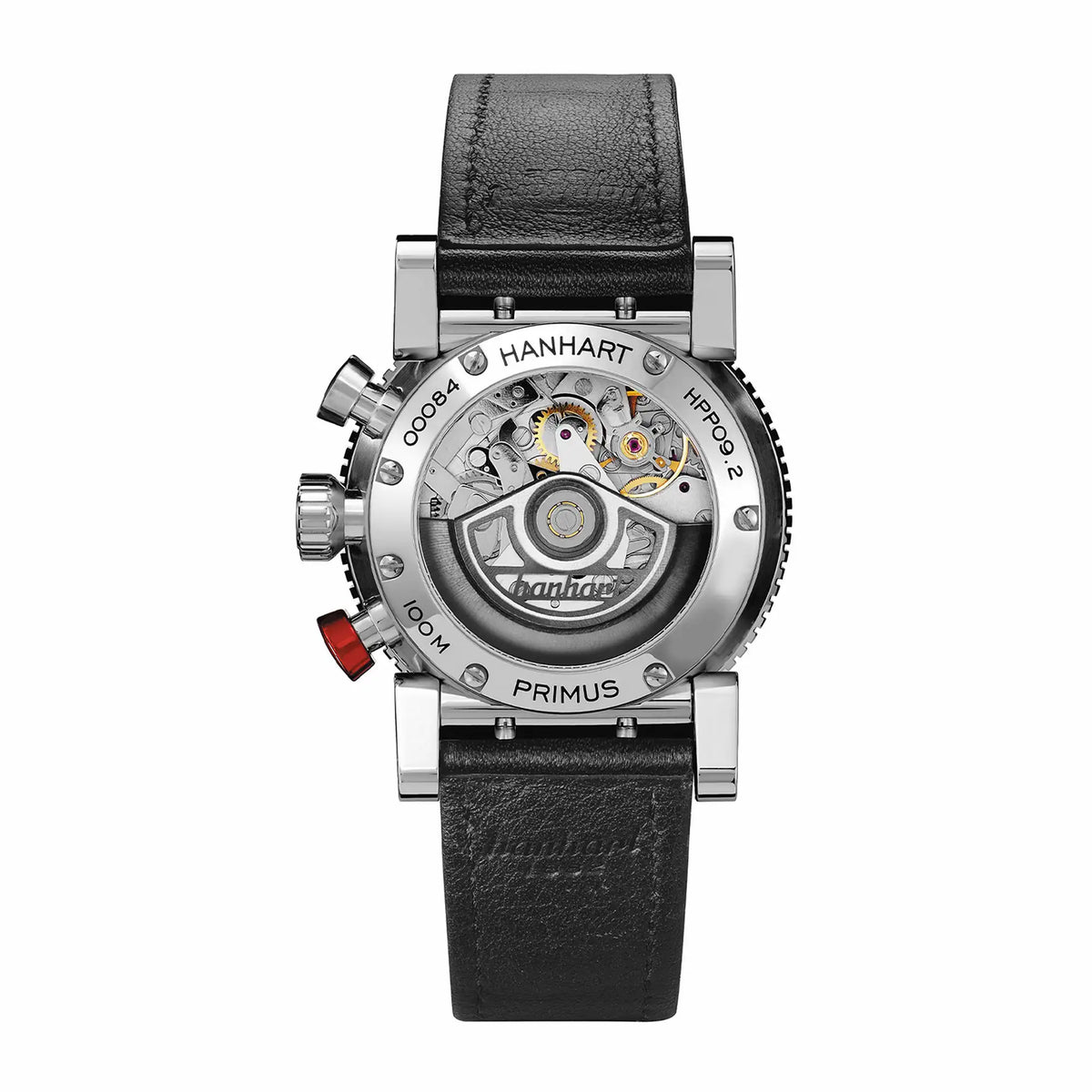 Produktfoto der Primus Pilot Armbanduhr von Hanhart mit einem silberfarbenen Zifferblatt, Edelstahl-Gehäuse und einem schwarzen Lederarmband mit Fokus auf der Rückseite/dem Gehäuseboden