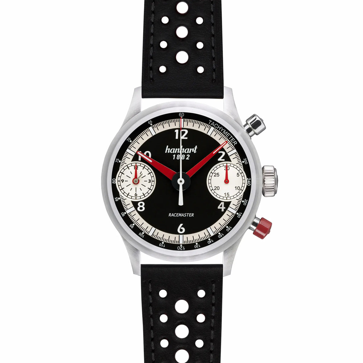 Frontale Ansicht der Hanhart Uhr "Racemaster GT" mit den roten Farbakzenten