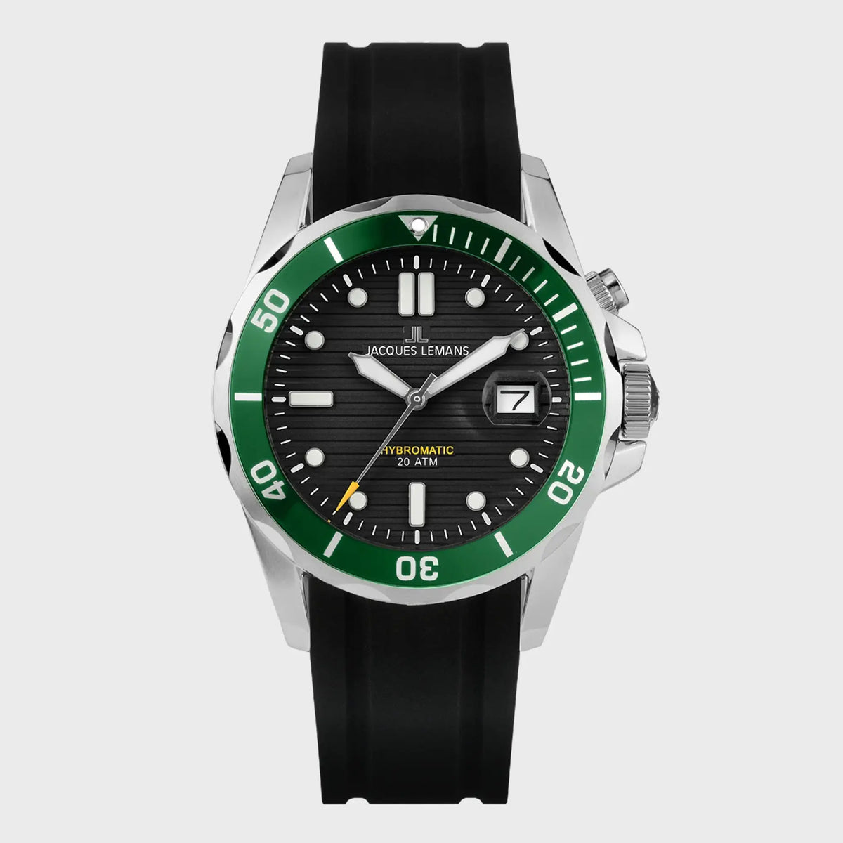 Frontale Ansicht der Jacques Lemans Uhr "Hybromatic" mit schwarzem Zifferblatt, grüner Lünette und schwarzem Kautschuk-Band
