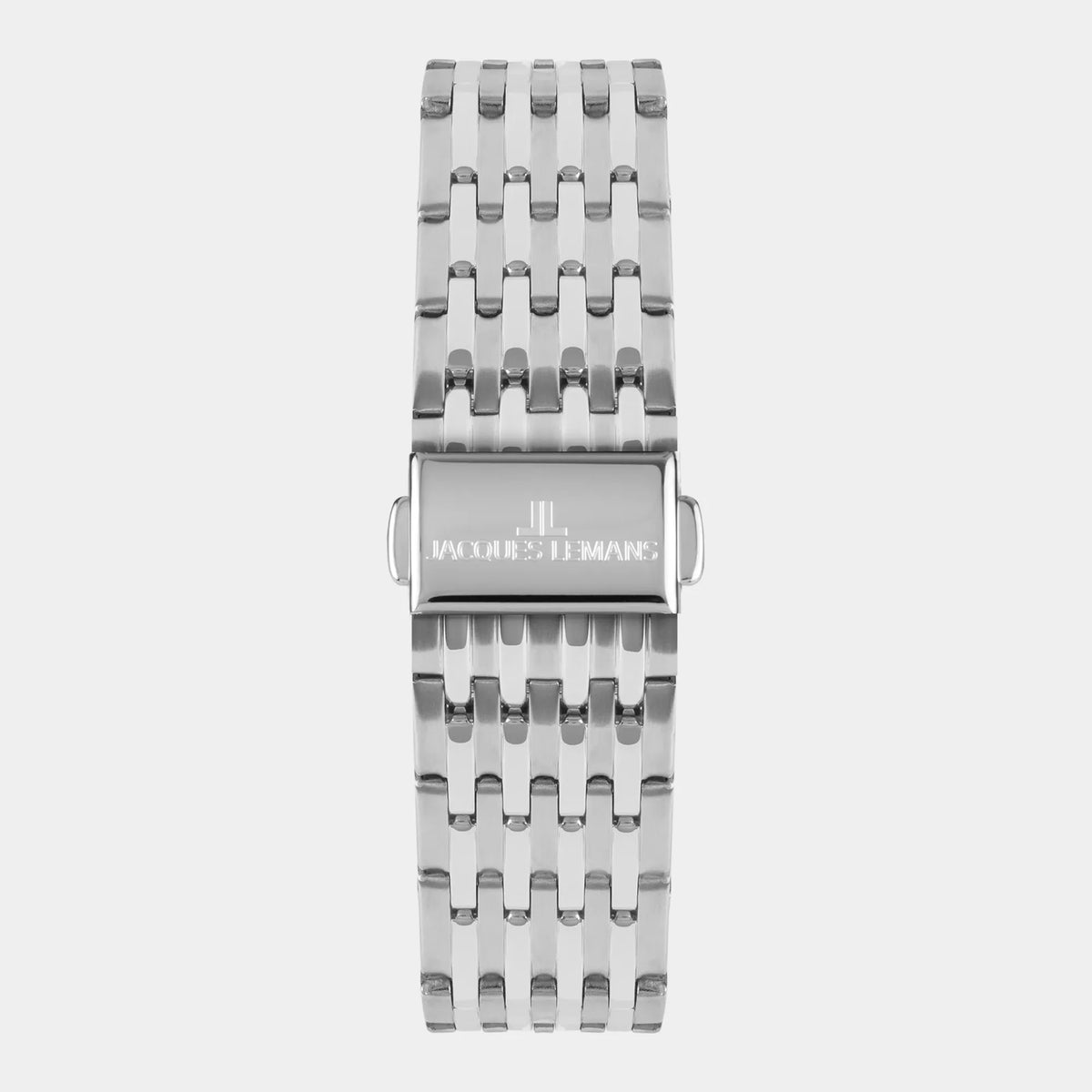 Blick auf das Edelstahlband der Jacques Lemans 1-2193H Herrenuhr aus der London-Kollektion mit blauem Zifferblatt am feingliedrigen Edelstahl-Armband